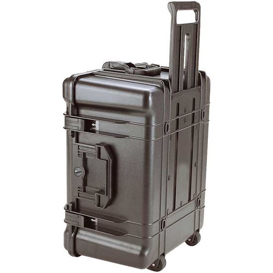 Obrázek TYP 68 – Černý vodotěsný kufr s kolečky bez výplně – prázdný s bezpečnostním uzavíráním, kolečka.