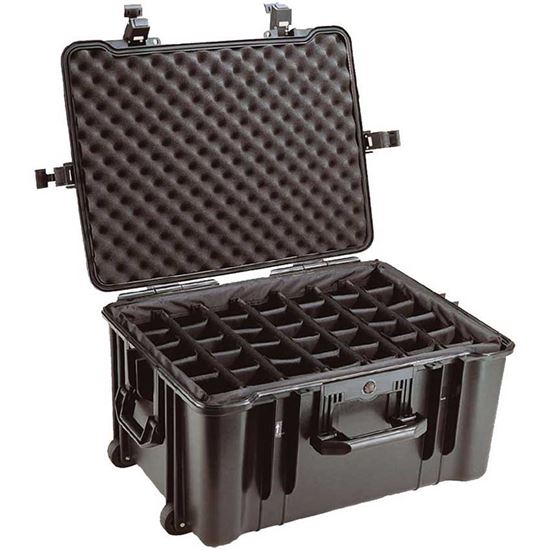 Obrázek TYP 68 – Černý vodotěsný kufr s kolečky vč. dělících přepážek s bezpečnostním uzavíráním, kolečka.