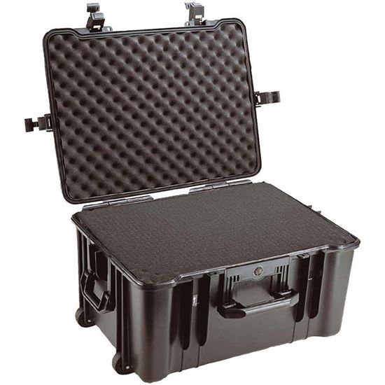 Obrázek TYP 68 – Černý vodotěsný kufr s kolečky vč. pěnové vložky s bezpečnostním uzavíráním, kolečka.