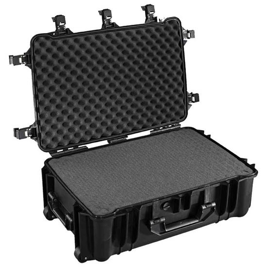 Obrázek TYP 70 – Černý vodotěsný kufr s kolečky vč. pěnové vložky s bezpečnostním uzavíráním.