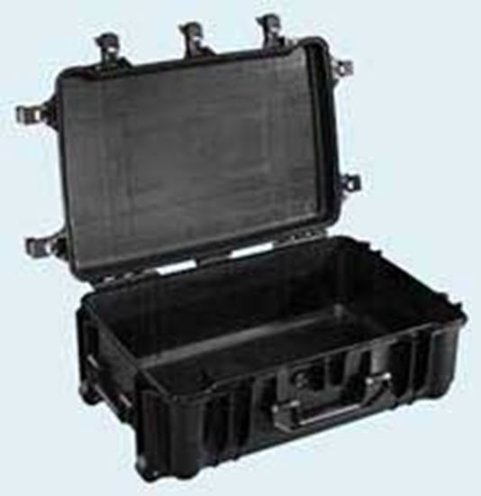 Obrázek TYP 78 – Černý vodotěsný kufr s kolečky bez výplně – prázdný s bezpečnostním uzavíráním.